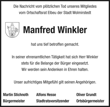 Traueranzeige von Manfred Winkler  von Magdeburger Volksstimme
