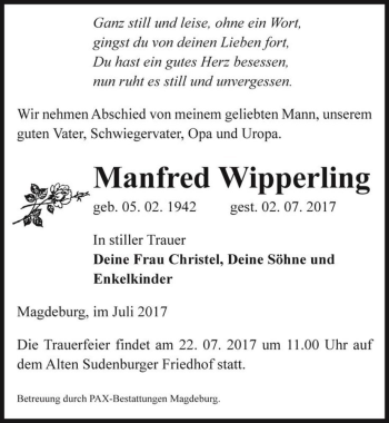 Traueranzeige von Manfred Wipperling  von Magdeburger Volksstimme
