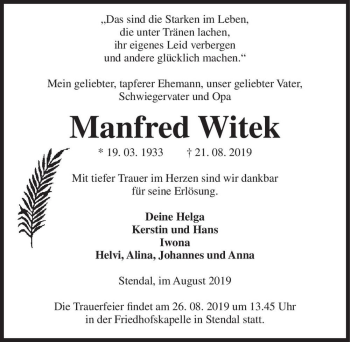 Traueranzeige von Manfred Witek  von Magdeburger Volksstimme