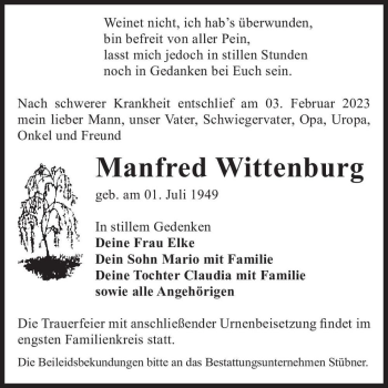 Traueranzeige von Manfred Wittenburg  von Magdeburger Volksstimme