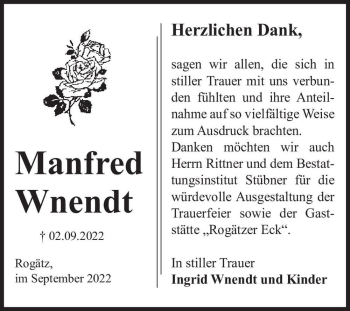 Traueranzeige von Manfred Wnendt  von Magdeburger Volksstimme