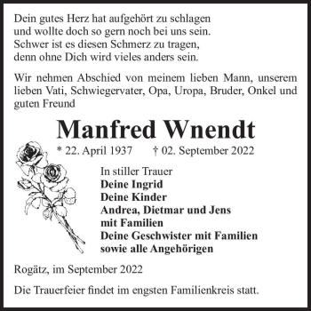 Traueranzeige von Manfred Wnendt  von Magdeburger Volksstimme