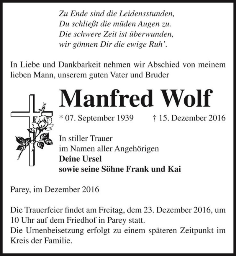  Traueranzeige für Manfred Wolf  vom 20.12.2016 aus Magdeburger Volksstimme
