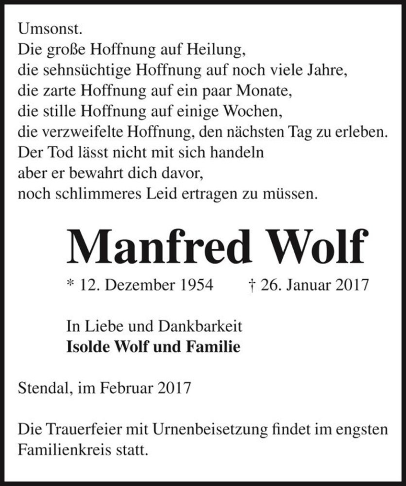 Traueranzeige für Manfred Wolf  vom 04.02.2017 aus Magdeburger Volksstimme