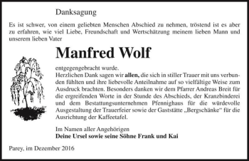 Traueranzeige von Manfred Wolf  von Magdeburger Volksstimme