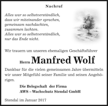 Traueranzeige von Manfred Wolf  von Magdeburger Volksstimme