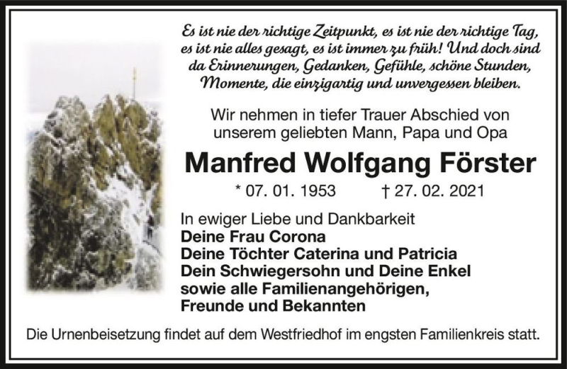 Traueranzeige für Manfred Wolfgang Förster  vom 20.03.2021 aus Magdeburger Volksstimme