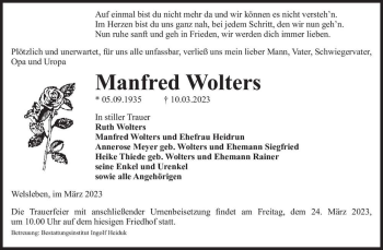 Traueranzeige von Manfred Wolters  von Magdeburger Volksstimme