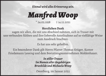 Traueranzeige von Manfred Woop  von Magdeburger Volksstimme