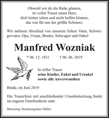 Traueranzeige von Manfred Wozniak  von Magdeburger Volksstimme