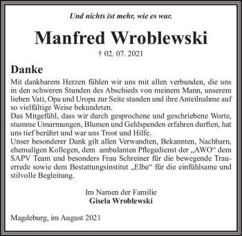 Traueranzeige von Manfred Wroblewski  von Magdeburger Volksstimme