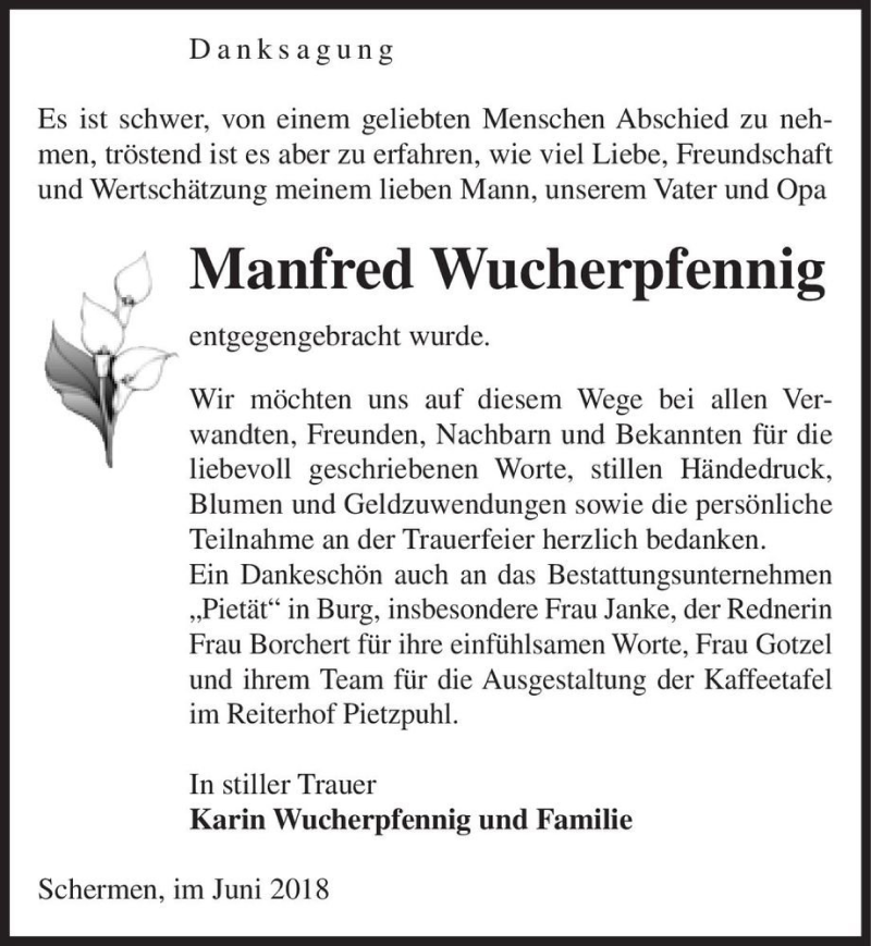  Traueranzeige für Manfred Wucherpfennig  vom 23.06.2018 aus Magdeburger Volksstimme