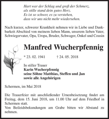 Traueranzeige von Manfred Wucherpfennig  von Magdeburger Volksstimme