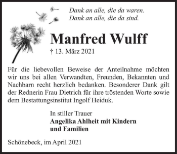Traueranzeige von Manfred Wulff  von Magdeburger Volksstimme
