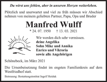 Traueranzeige von Manfred Wulff  von Magdeburger Volksstimme