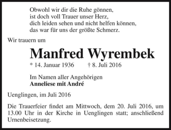 Traueranzeige von Manfred Wyrembek  von Magdeburger Volksstimme