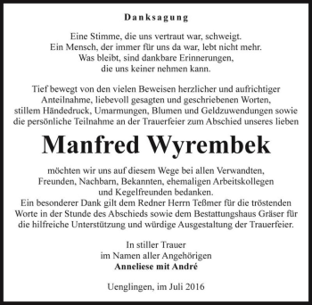 Traueranzeige von Manfred Wyrembek  von Magdeburger Volksstimme