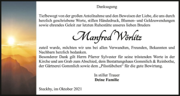 Traueranzeige von Manfred Wörlitz  von Magdeburger Volksstimme