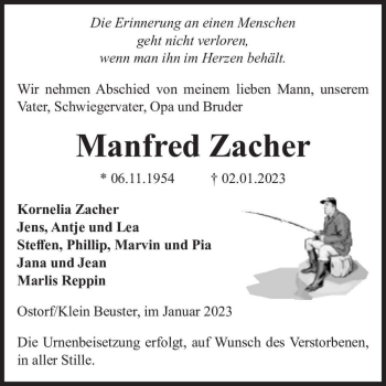 Traueranzeige von Manfred Zacher  von Magdeburger Volksstimme