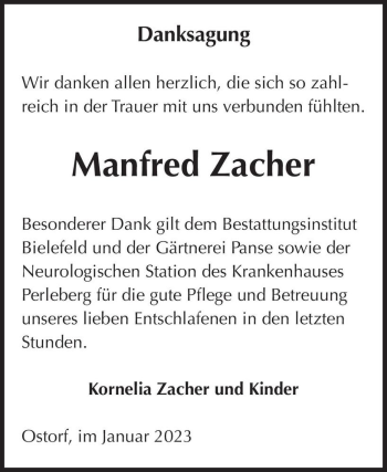 Traueranzeige von Manfred Zacher  von Magdeburger Volksstimme