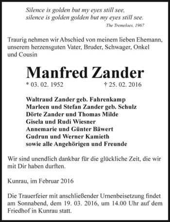 Traueranzeige von Manfred Zander  von Magdeburger Volksstimme