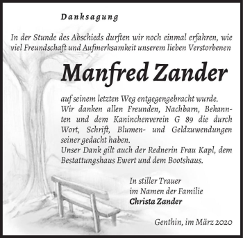 Traueranzeige von Manfred Zander  von Magdeburger Volksstimme