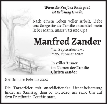 Traueranzeige von Manfred Zander  von Magdeburger Volksstimme