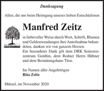 Traueranzeige von Manfred Zeitz  von Magdeburger Volksstimme