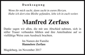 Traueranzeige von Manfred Zerfass  von Magdeburger Volksstimme
