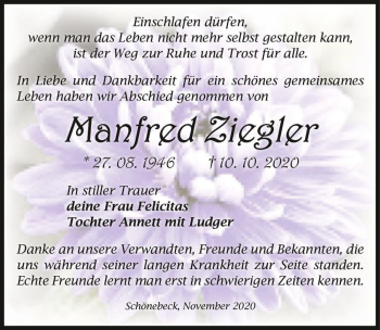 Traueranzeige von Manfred Ziegler  von Magdeburger Volksstimme
