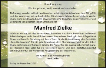 Traueranzeige von Manfred Zielke  von Magdeburger Volksstimme