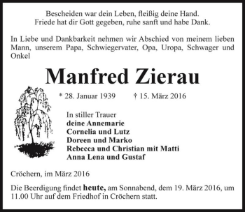 Traueranzeige von Manfred Zierau  von Magdeburger Volksstimme