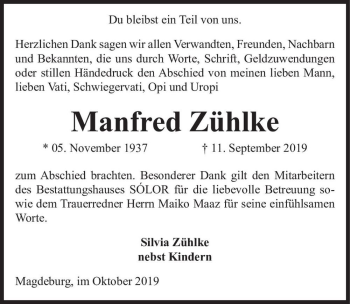 Traueranzeige von Manfred Zühlke  von Magdeburger Volksstimme