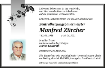 Traueranzeige von Manfred Zürcher  von Magdeburger Volksstimme