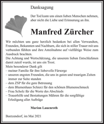 Traueranzeige von Manfred Zürcher  von Magdeburger Volksstimme