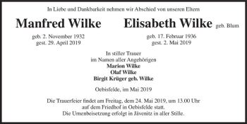 Traueranzeige von Manfred und Elisabeth Wilke (geb. Blum)  von Magdeburger Volksstimme