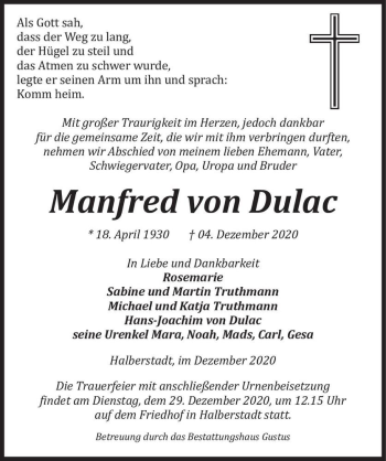 Traueranzeige von Manfred von Dulac  von Magdeburger Volksstimme