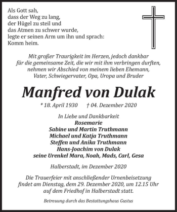 Traueranzeige von Manfred von Dulak  von Magdeburger Volksstimme