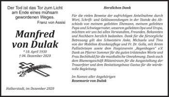 Traueranzeige von Manfred von Dulak  von Magdeburger Volksstimme