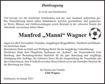 Traueranzeige von Manfred “Manni“ Wagner  von Magdeburger Volksstimme
