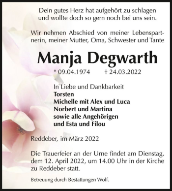 Traueranzeige von Manja Degwarth  von Magdeburger Volksstimme