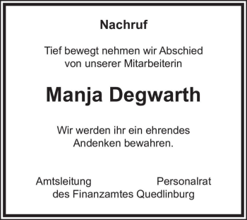 Traueranzeige von Manja Degwarth  von Magdeburger Volksstimme