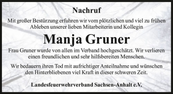 Traueranzeige von Manja Gruner  von Magdeburger Volksstimme