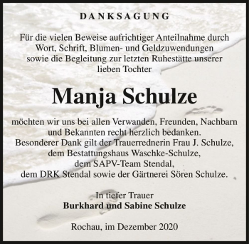 Traueranzeige von Manja Schulze  von Magdeburger Volksstimme