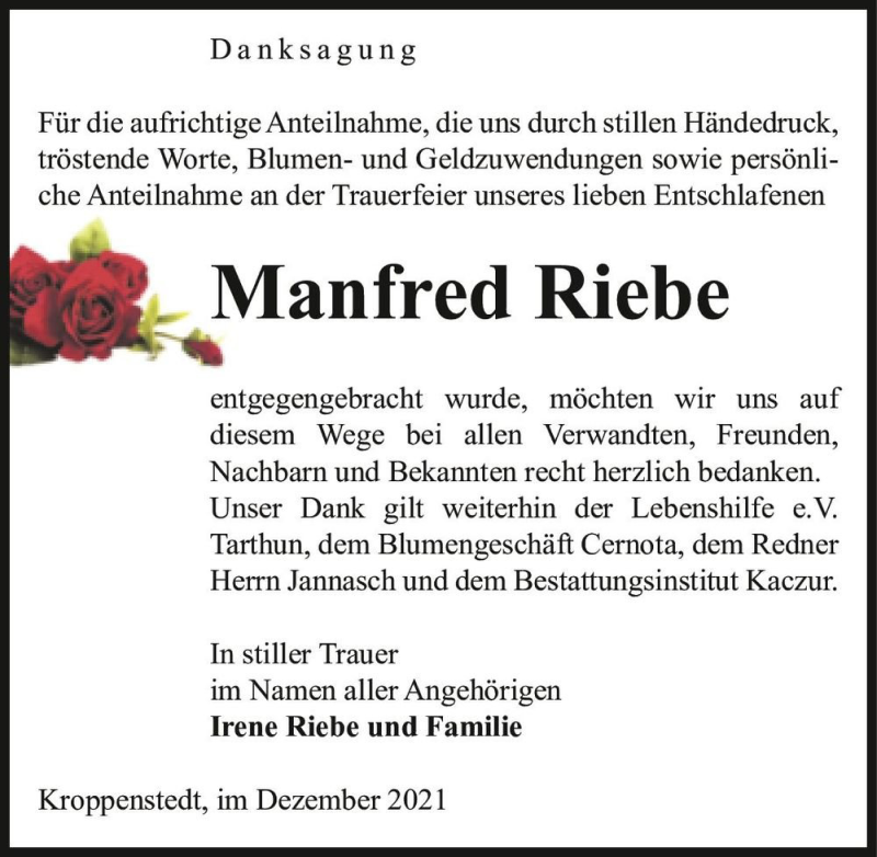  Traueranzeige für Manred Riebe  vom 11.12.2021 aus Magdeburger Volksstimme