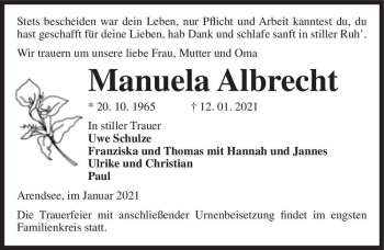 Traueranzeige von Manuela Albrecht  von Magdeburger Volksstimme