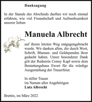 Traueranzeige von Manuela Albrecht  von Magdeburger Volksstimme