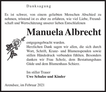 Traueranzeige von Manuela Albrecht  von Magdeburger Volksstimme