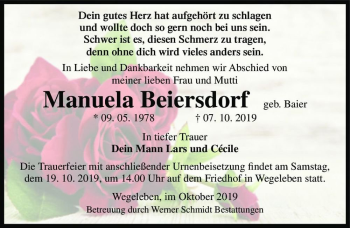 Traueranzeige von Manuela Beiersdorf (geb. Baier)  von Magdeburger Volksstimme