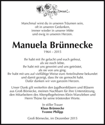 Traueranzeige von Manuela Brünnecke  von Magdeburger Volksstimme